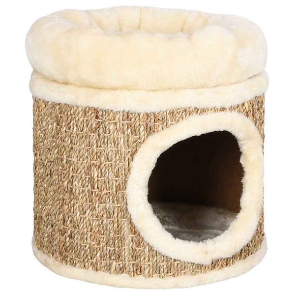 Casita para gatos con cama de peluche y rascador de fibra natural